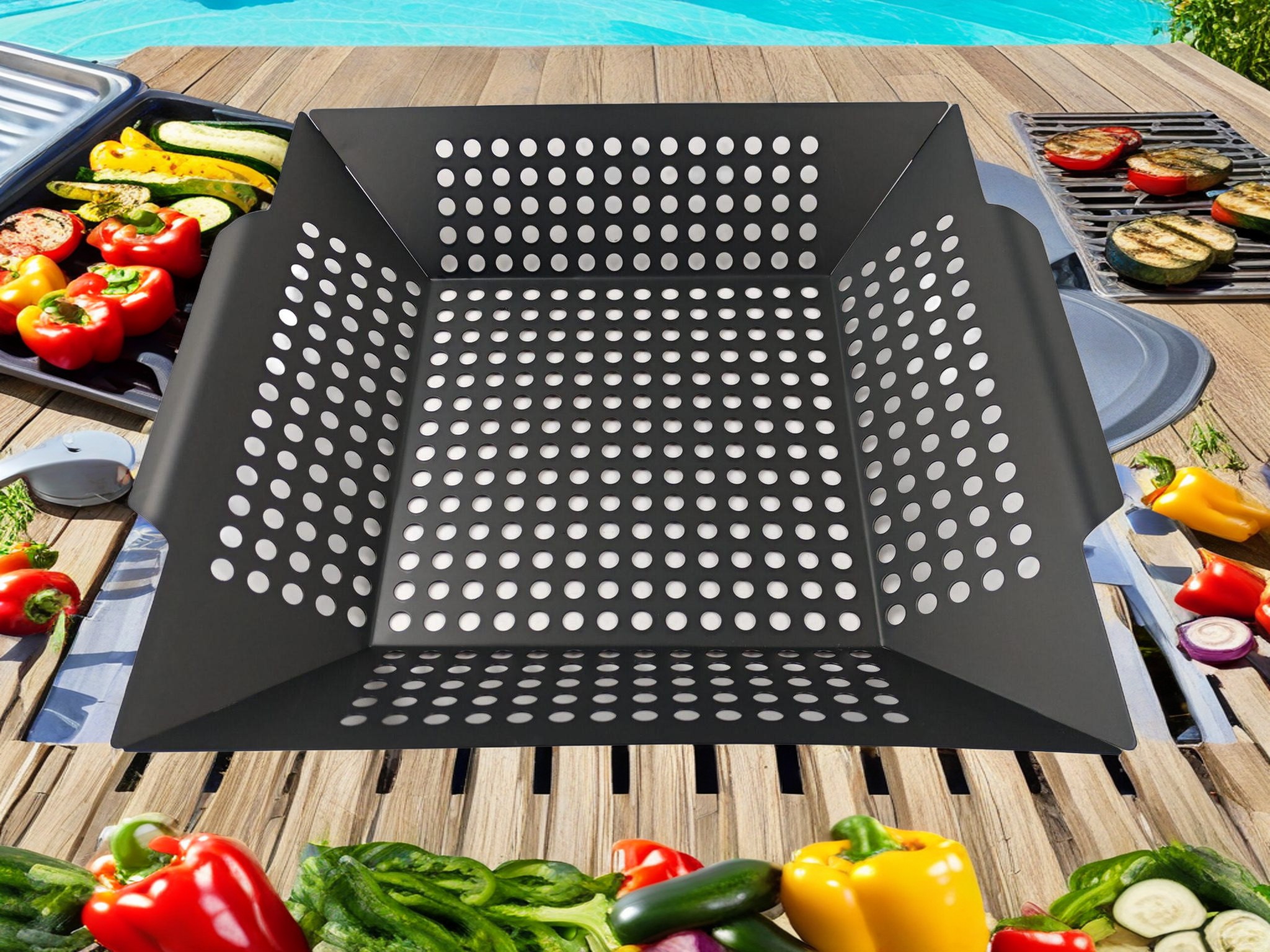 Non-Stick BBQ Basket Non Stick Coating Square Perforated Vegetable BBQ Grilling Basket